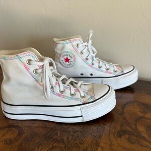 Converse White High-Tops with Multicolor Stitching